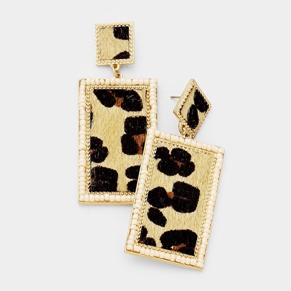 Jewelry - Seed Beaded Trim Leopard Rectangle Dangle Earring Jewelry - Seed Beaded Trim Leopard Rectangle Dangle Earring